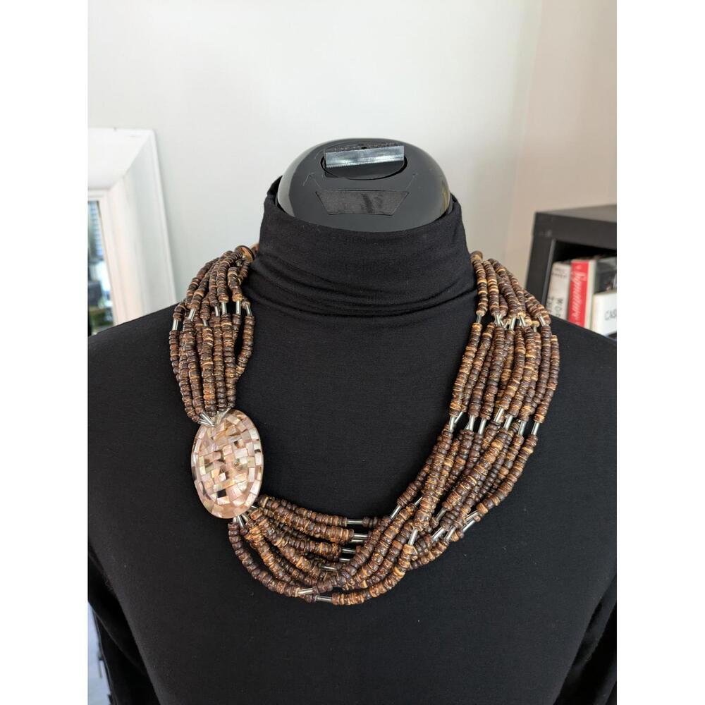 Tribal Style Brown Beaded Necklace with Statement Shell Piece